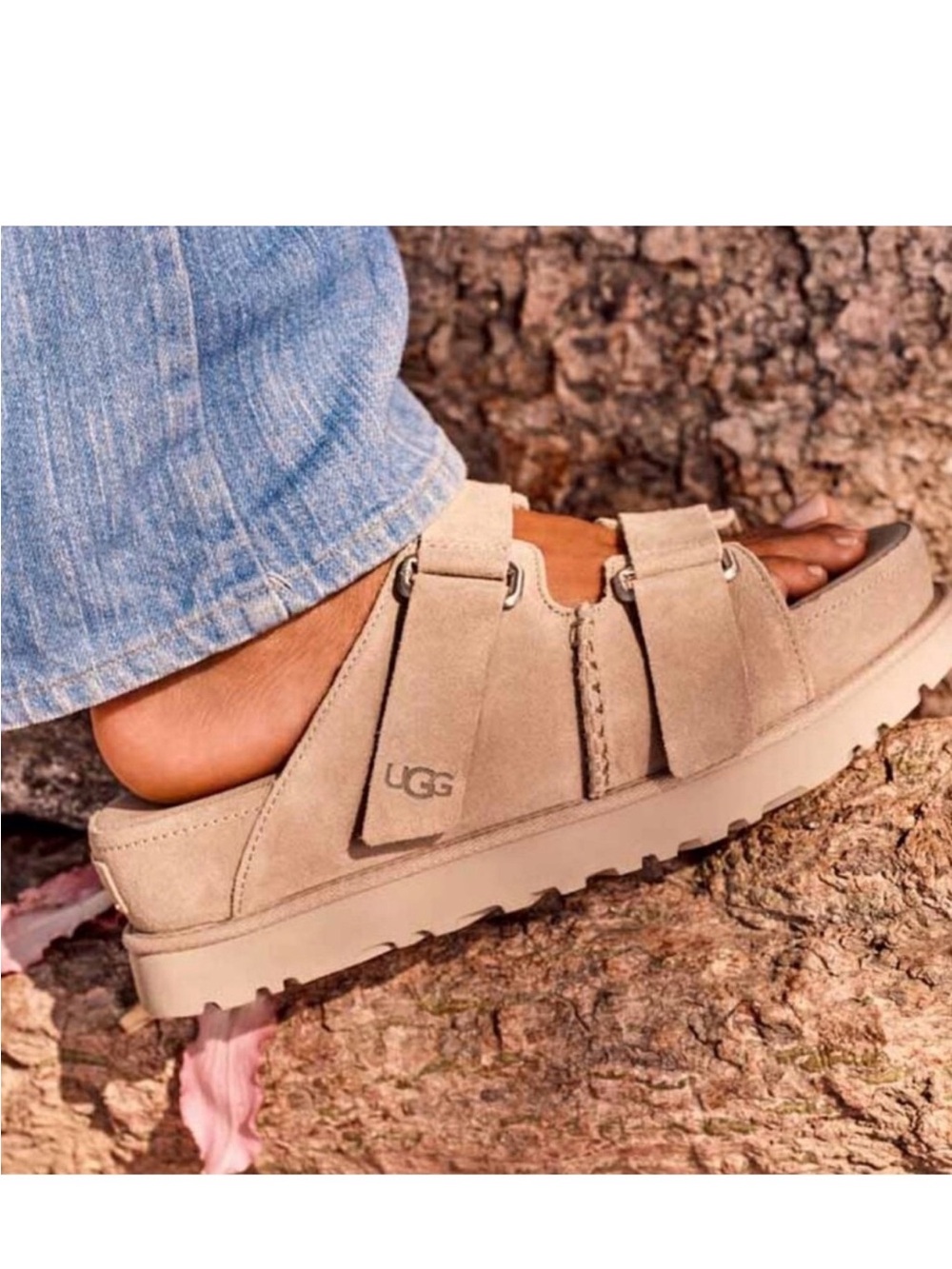 UGG Beige Suede Double-Strap Slide Sandals